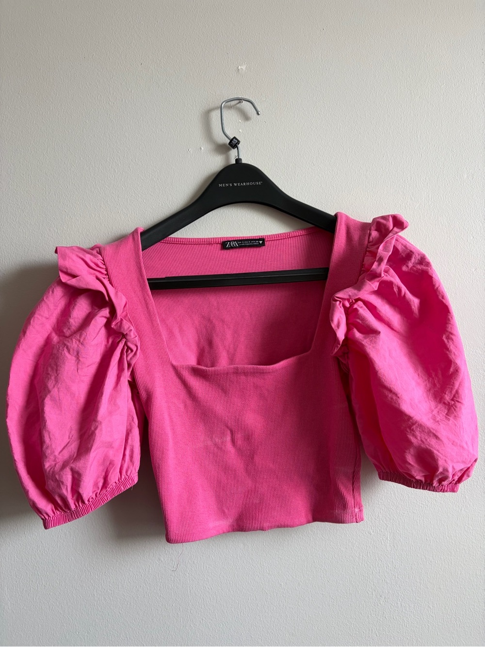 ZARA Pink Puff-Sleeve Square-Neck Crop Top